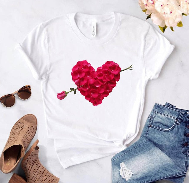 Heart Flower Print T-Shirts